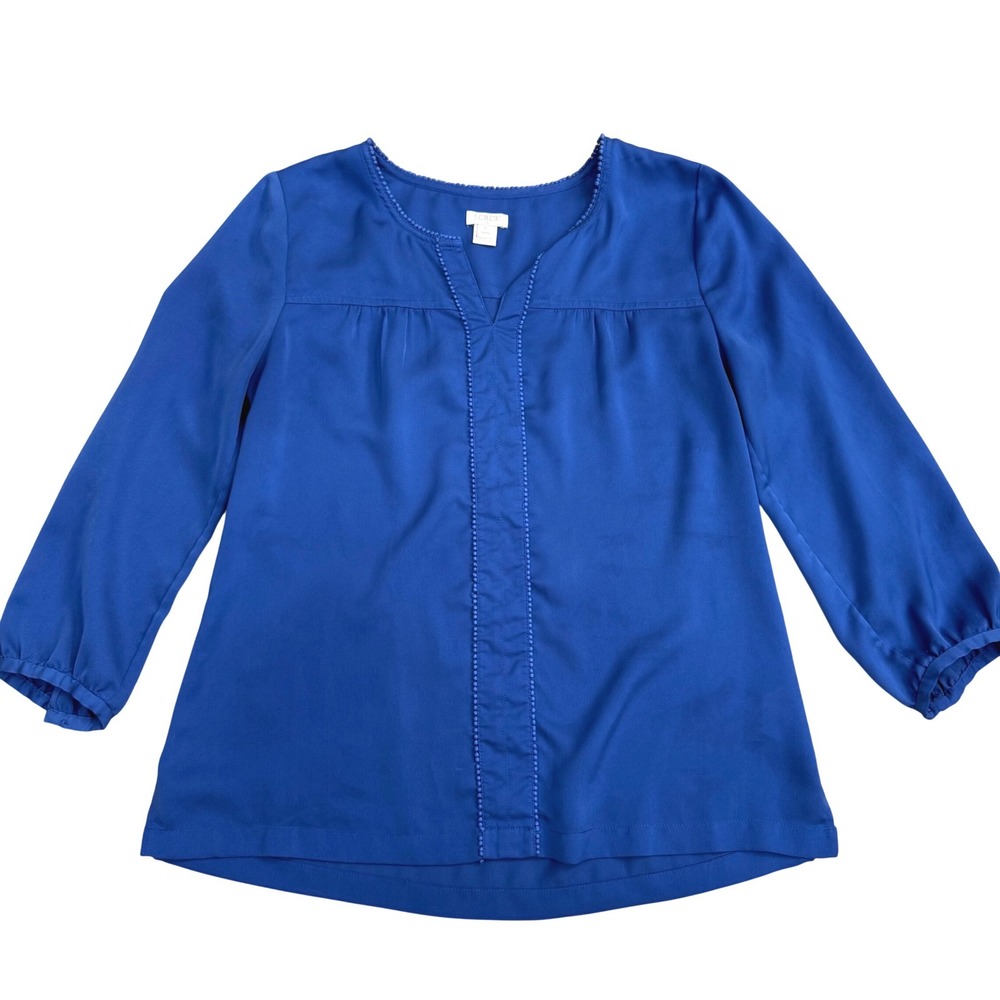 J.Crew Pom-Pom Trim V-Neck Blouse Womens Small Petite Blue